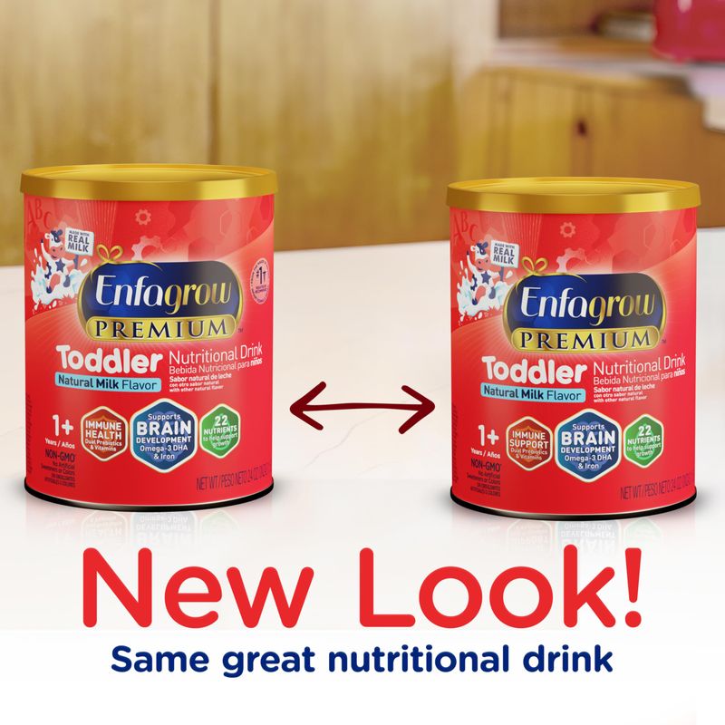 Enfagrow PREMIUM Toddler Nutritional Drink, Made with Real Milk, Brain-Building Omega-3 DHA, Nutrients and Prebiotics for Growth  Immune Support, Non-GMO, Toddler Milk Powder, 24 Oz Can