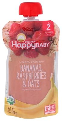 Happy Baby Organics Stage 2 Baby Food Pouches, Gluten Free, Vegan  Healthy Snack, Clearly Crafted Fruit  Veggie Puree, Bananas, Raspberries  Oats, 4 Ounces (Pack of 1)