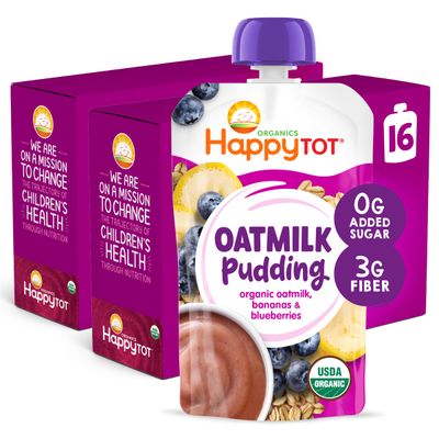 Happy Tot Organics Oatmilk Pudding, Dairy-Free, Stage 4 Toddler Snack, Oatmilk, Bananas  Blueberries, 4 Ounce Pouch, Pack of 16