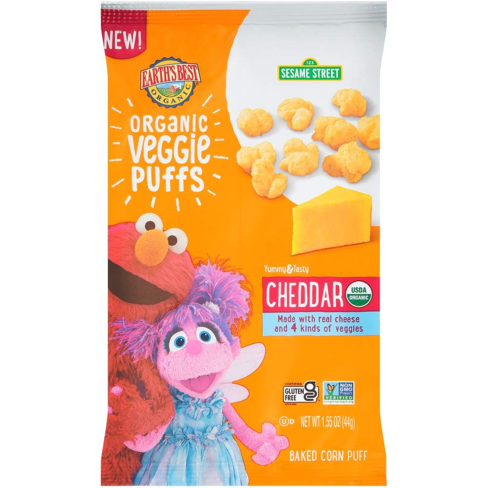 Earth&#39;s Best Organic Kids Snacks, Sesame Street Toddler Snacks, Organic Cheddar Veggie Puffs, Gluten Free Snacks for Kids 2 Years and Older, Cheddar, 1.55 oz Bag