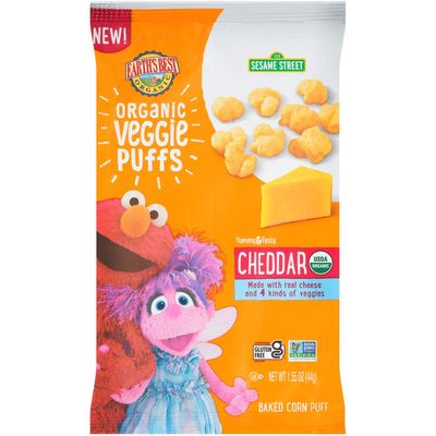 Earth&#39;s Best Organic Kids Snacks, Sesame Street Toddler Snacks, Organic Cheddar Veggie Puffs, Gluten Free Snacks for Kids 2 Years and Older, Cheddar, 1.55 oz Bag