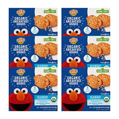 Earth&#39;s Best Organic Kids Snacks, Sesame Street Toddler Snacks, Organic Breakfast Biscuits for Kids 2 Years and Older, Blueberry, 5 Packs of 2 Biscuits per Box (Pack of 6)