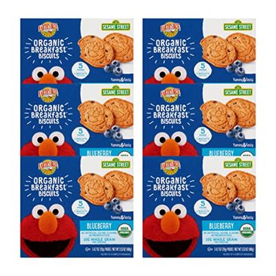 Earth&#39;s Best Organic Kids Snacks, Sesame Street Toddler Snacks, Organic Breakfast Biscuits for Kids 2 Years and Older, Blueberry, 5 Packs of 2 Biscuits per Box (Pack of 6)