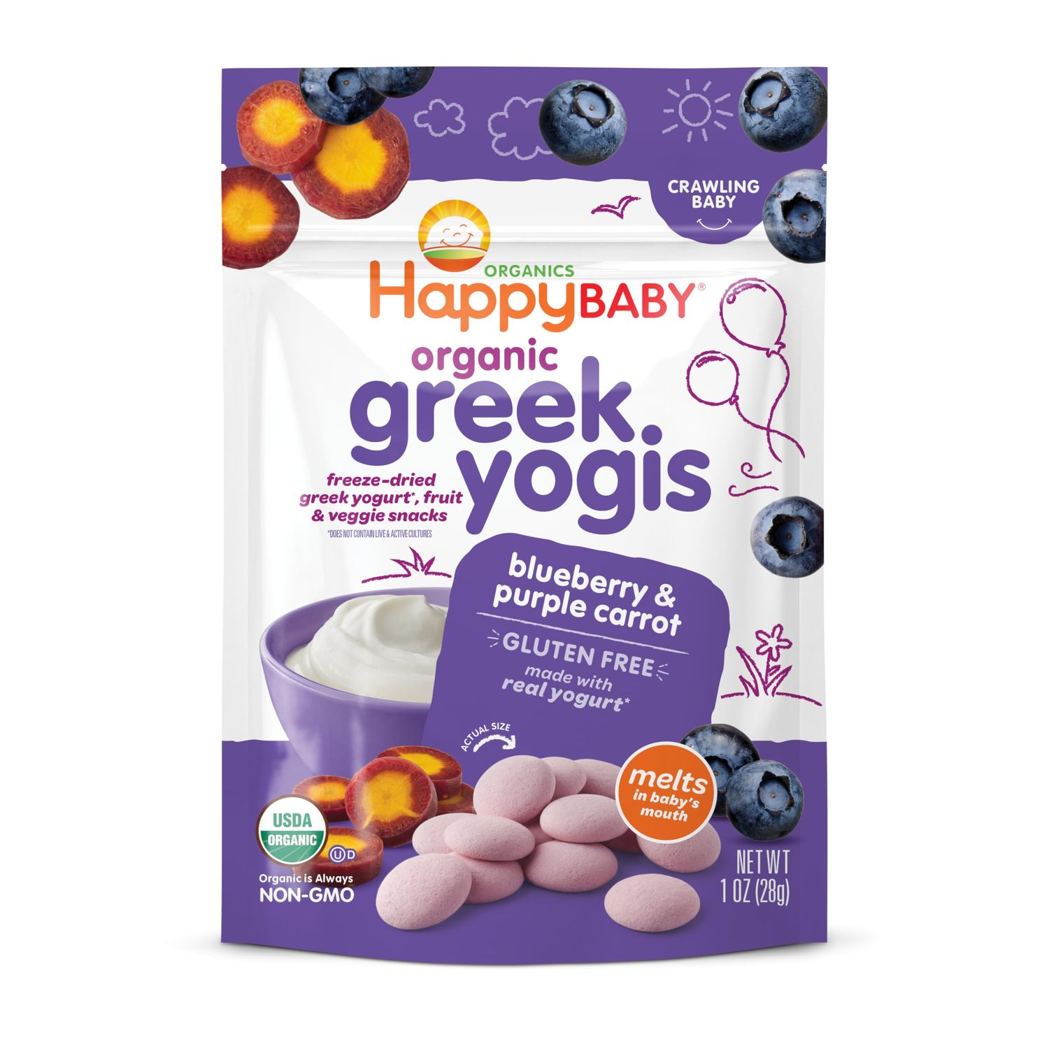 Happy Baby Organics Baby Snacks, Greek Yogis, Freeze Dried Yogurt Veggie Fruit Snacks, Gluten Free Snack for Babies 9 Months, Blueberry  Purple Carrot, 1 Ounce