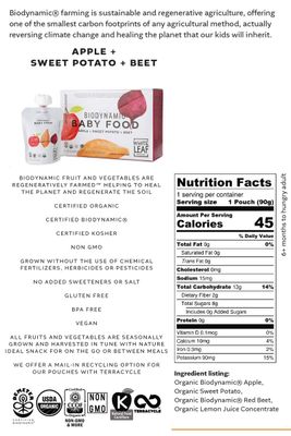 White Leaf Provisions Biodynamic Organic Baby Food Pouches - USDA, GMO BPA Free Squeezable Toddler Snacks - 24 x 90 grams (24 Pouches, Apple Sweet Potato Beet)
