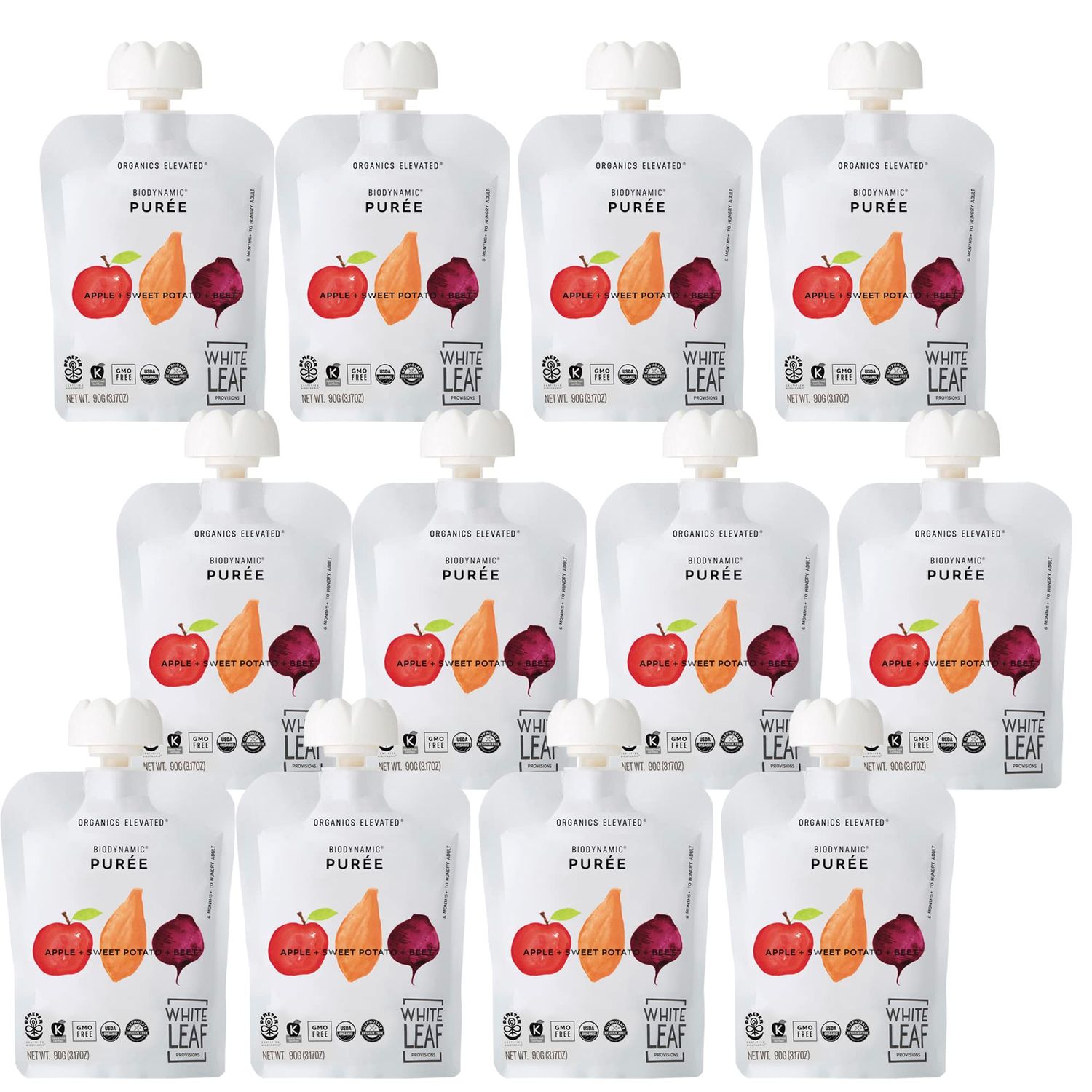 White Leaf Provisions Biodynamic  Organic Baby Food Pouches - USDA, GMO  BPA Free Squeezable Toddler Snacks - 24 x 90 grams (24 Pouches, Apple  Sweet Potato  Beet)