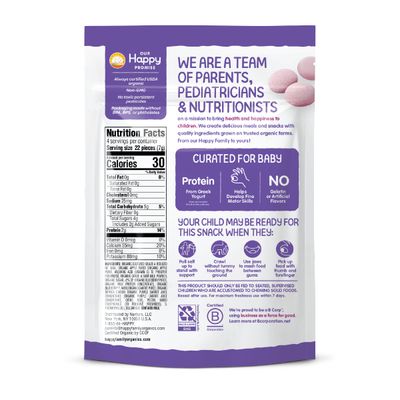 Happy Baby Organics Baby Snacks, Greek Yogis, Freeze Dried Yogurt Veggie Fruit Snacks, Gluten Free Snack for Babies 9 Months, Blueberry Purple Carrot, 1 Ounce