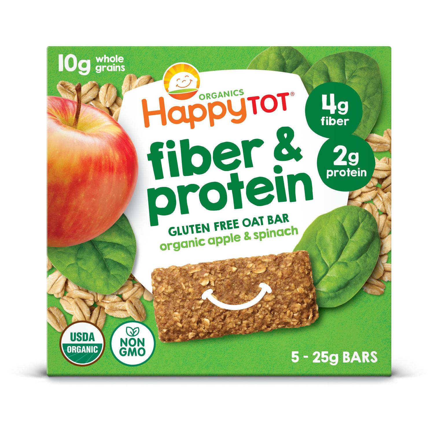 Happy Tot Organics Fiber  Protein Soft-Baked Oat Bars Toddler Snack Apple  Spinach, 0.88 Ounce Bars, 5 Count Box (Pack of 6)