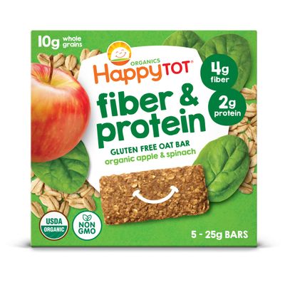 Happy Tot Organics Fiber  Protein Soft-Baked Oat Bars Toddler Snack Apple  Spinach, 0.88 Ounce Bars, 5 Count Box (Pack of 6)