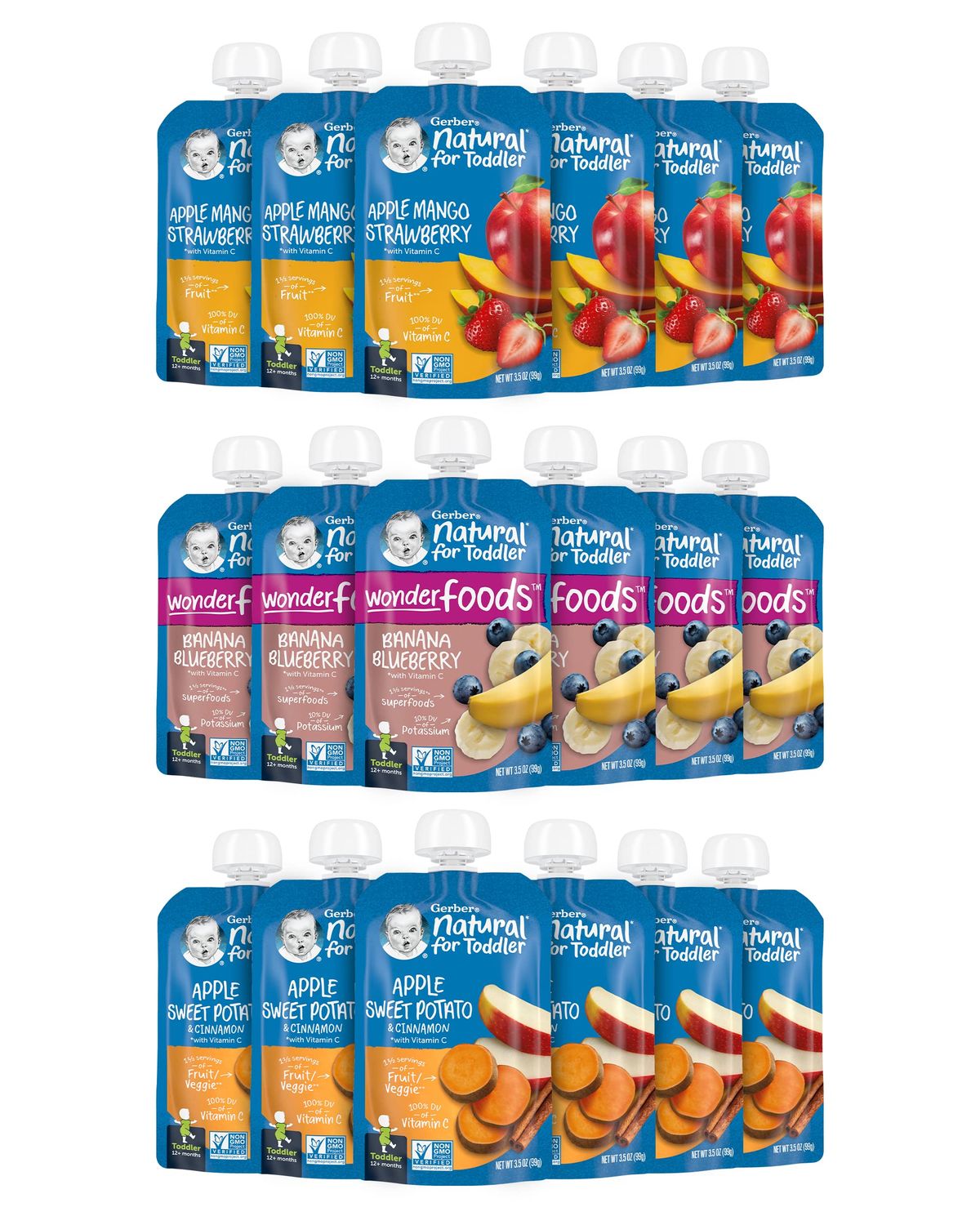 Gerber Baby Food Pouches, Toddler 12 Months, Assorted Fruit Variety Pack, 3.5 Ounce (Set of 18)
