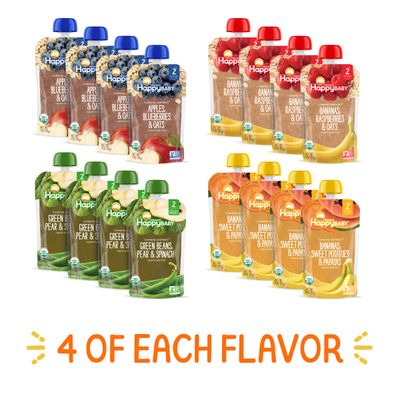 Happy Baby Organics Stage 2 Baby Food Pouches, Gluten Free, Vegan  Healthy Snack, Clearly Crafted Fruit  Veggie Puree, Fruit  Veggie Variety Pack, 4 Ounces (Pack of 16), Amazon Exclusive