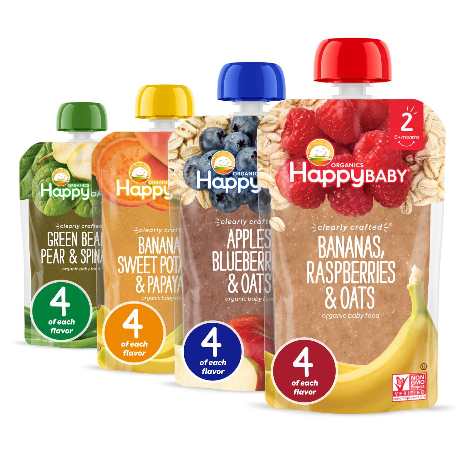 Happy Baby Organics Stage 2 Baby Food Pouches, Gluten Free, Vegan  Healthy Snack, Clearly Crafted Fruit  Veggie Puree, Fruit  Veggie Variety Pack, 4 Ounces (Pack of 16), Amazon Exclusive