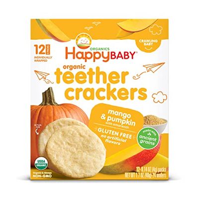 Happy Baby Organics Baby Snacks, Gentle Teething Crackers, Gluten Free  Vegan, Mango  Pumpkin, 12 Count (Pack of 6)