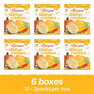 Happy Baby Organics Baby Snacks, Gentle Teething Crackers, Gluten Free  Vegan, Mango  Pumpkin, 12 Count (Pack of 6)