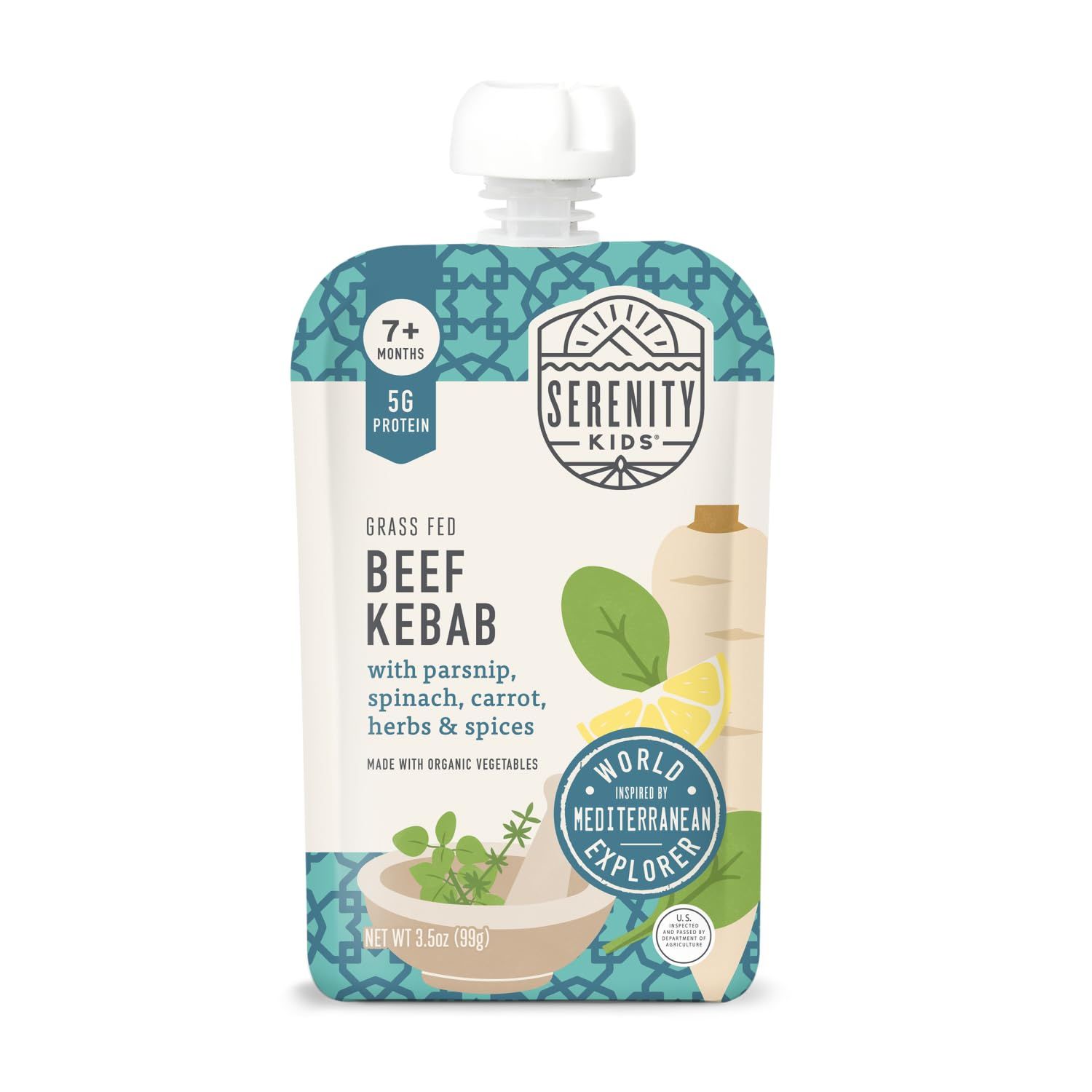 Serenity Kids 7 Months World Explorers Baby Food Pouches Puree Made With Ethically Sourced Meats  Organic Veggies | 3.5 Ounce BPA-Free Pouch | Beef Kebab | 1 Count