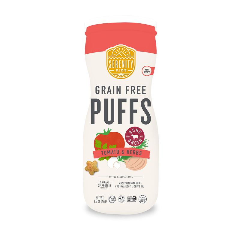 Serenity Kids 6 Months Grain Free Puffs Toddler  Baby Snack | No Added Sugar, Gluten  Rice Free, Allergen Free | Made with Organic Cassava, Veggies, and Herbs | Tomato  Mushroom | 1 Count