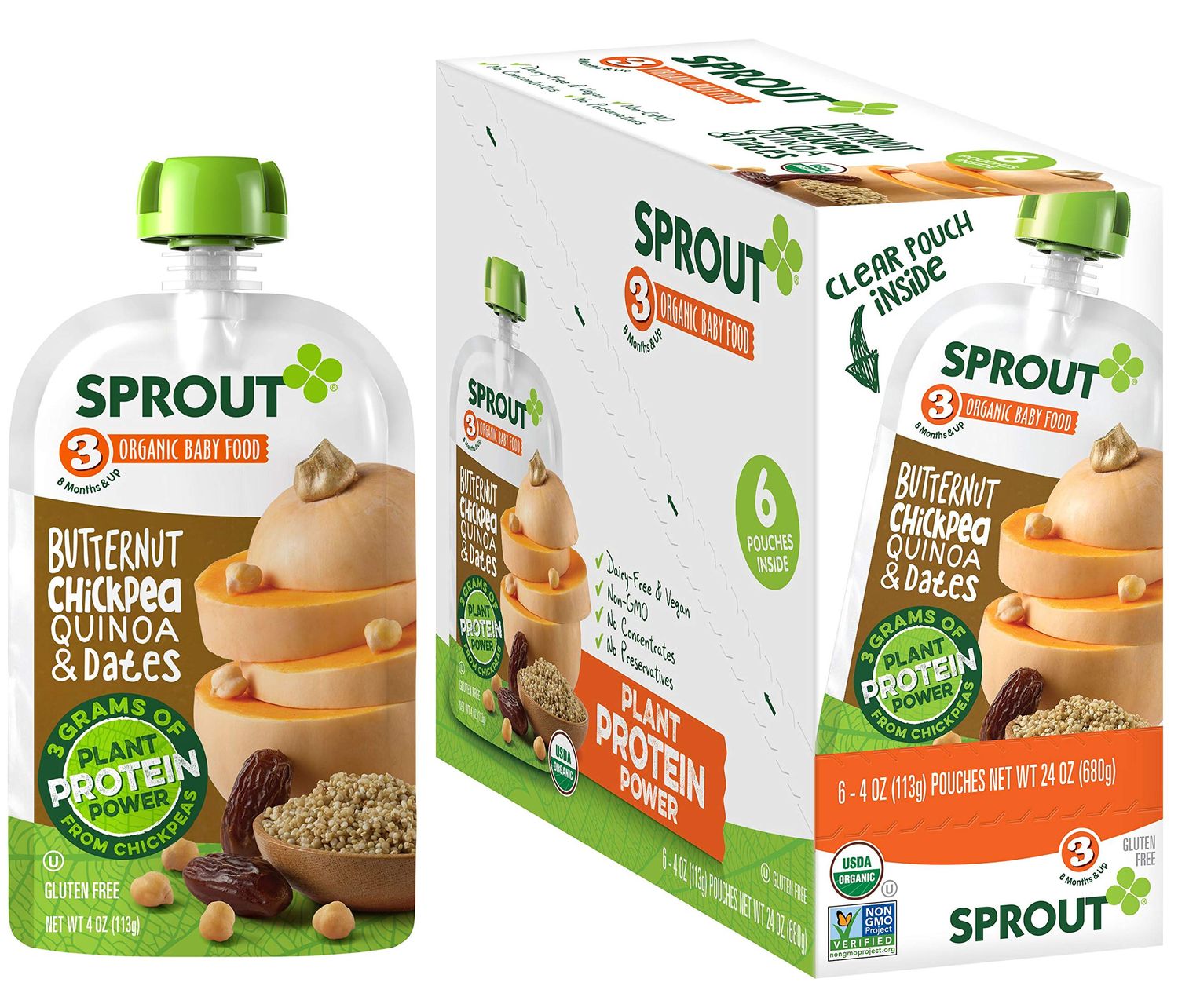 Sprout Organics Baby Food, Butternut, Chickpea, Quinoa  Date, Plant Powered Protein, 4 Oz Purees (Pack of 6)