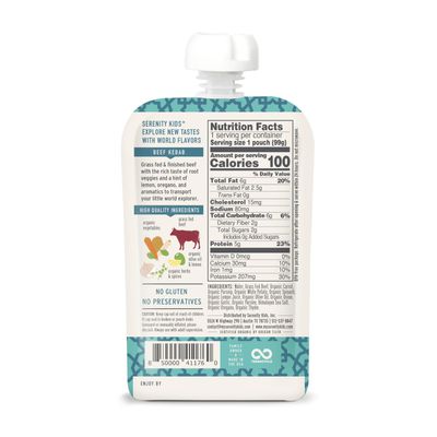 Serenity Kids 7 Months World Explorers Baby Food Pouches Puree Made With Ethically Sourced Meats Organic Veggies | 3.5 Ounce BPA-Free Pouch | Beef Kebab | 1 Count
