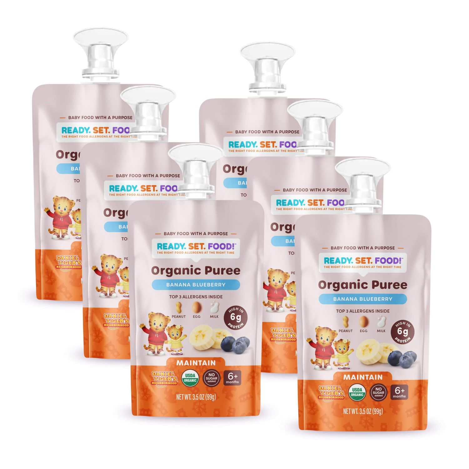 Ready Set Food Organic Puree Pouch - Organic Baby Food Squeeze Pouch with Top 3 Allergens for Baby Allergen Introduction, Includes Organic Peanuts, Egg, and Milk (Banana Blueberry, 6 count)