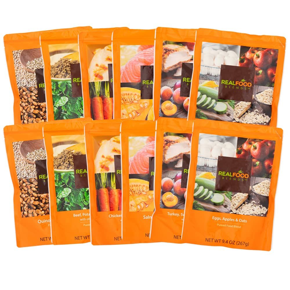 Real Food Blends - Variety Pack - Pureed Food Pouches for Tube Feeding - Real Foods Blends with Turkey, Salmon  More - Feeding Pouches for Adults  Kids - Peg Tube Meals - 9.4 Oz Pouch (Pack of 12)
