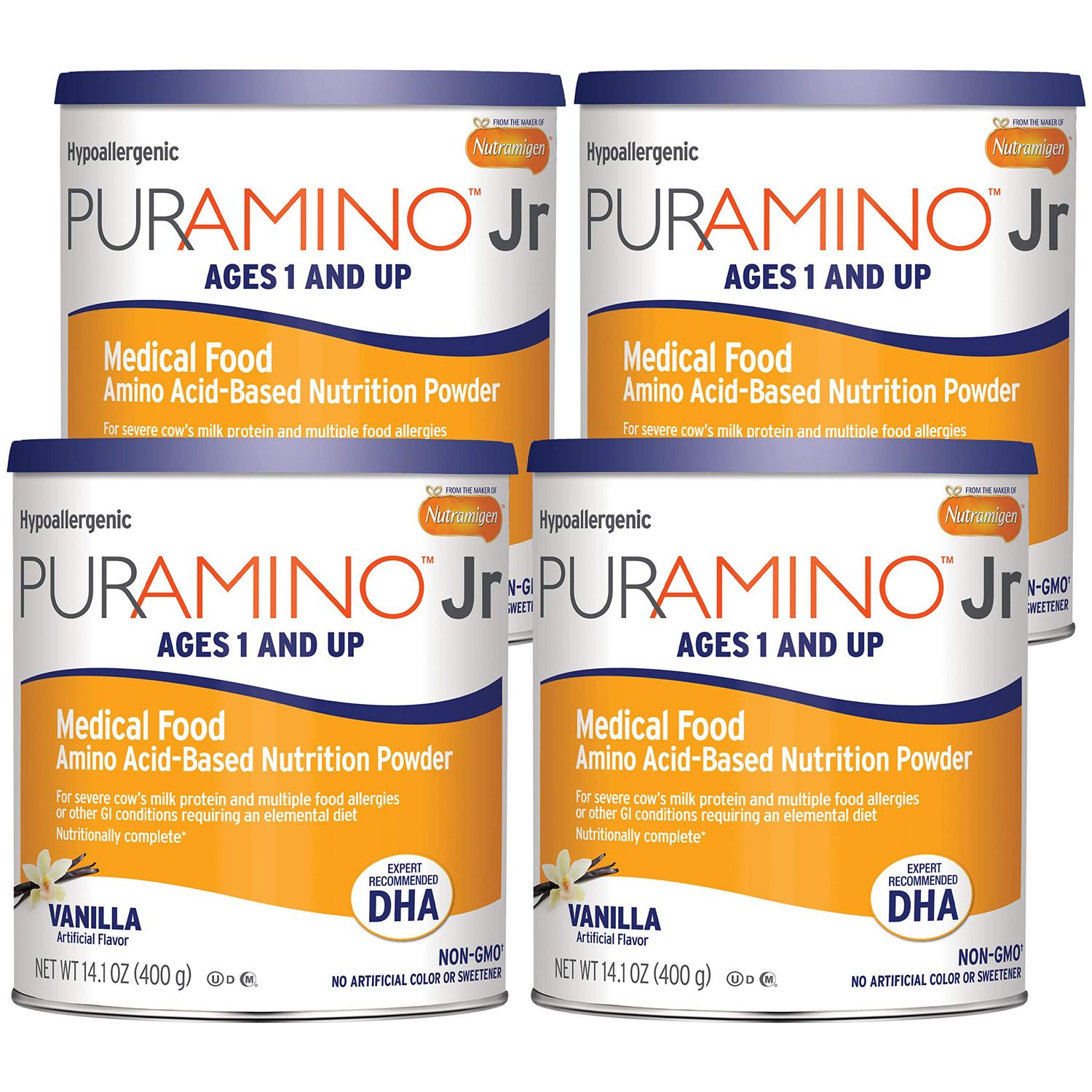 PurAmino Junior Hypoallergenic Toddler Drink, for Severe Food Allergies, Omega-3 DHA, Iron, Immune Support, Vanila Powder Can, 14.1 Oz (Pack of 4)