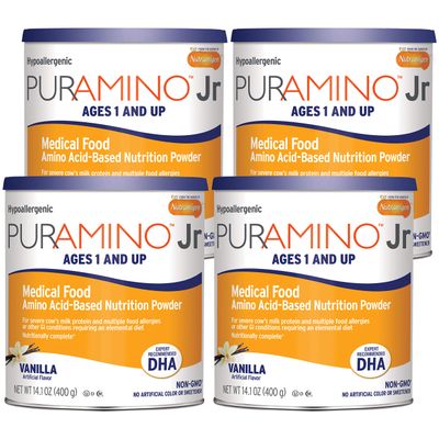 PurAmino Junior Hypoallergenic Toddler Drink, for Severe Food Allergies, Omega-3 DHA, Iron, Immune Support, Vanila Powder Can, 14.1 Oz (Pack of 4)