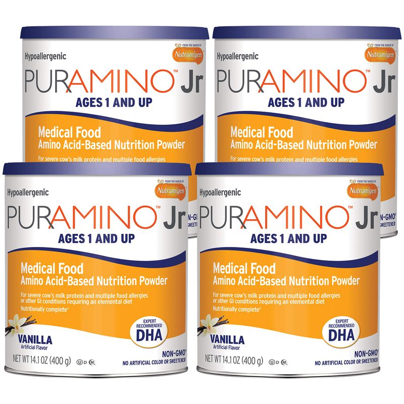 PurAmino Junior Hypoallergenic Toddler Drink, for Severe Food Allergies, Omega-3 DHA, Iron, Immune Support, Vanila Powder Can, 14.1 Oz (Pack of 4)