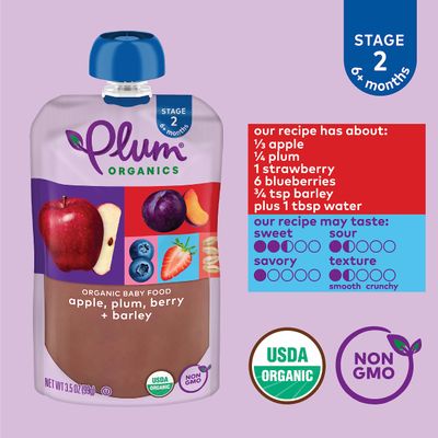Plum Organics Stage 2 Organic Baby Food - Apple, Plum, Berry, and Barley - 3.5 oz Pouch (Pack of 12) - Organic Fruit and Vegetable Baby Food Pouch