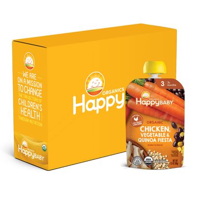 Happy Baby Organics Savory Blends Stage 3 Baby Food Puree, Free-Range Chicken, Garden Vegetables  Quinoa Fiesta, 3.5 Ounce (Pack of 16)
