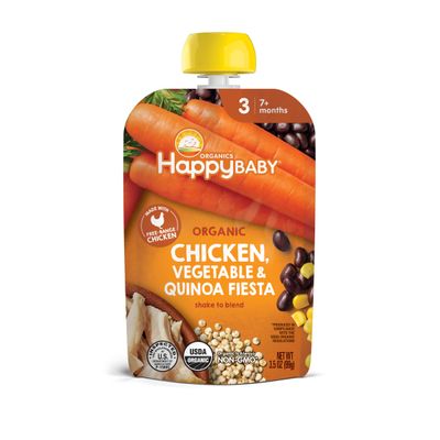 Happy Baby Organics Savory Blends Stage 3 Baby Food Puree, Free-Range Chicken, Garden Vegetables  Quinoa Fiesta, 3.5 Ounce (Pack of 16)
