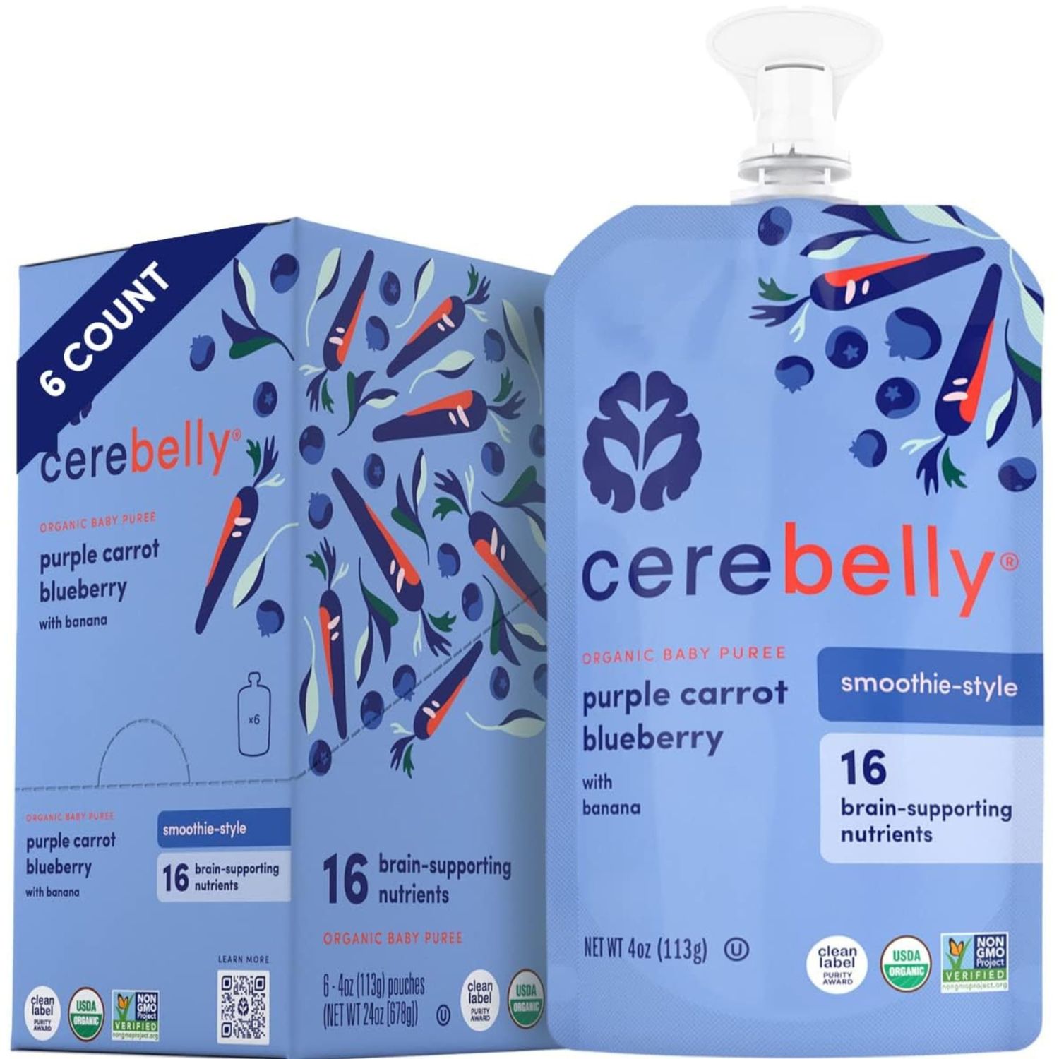 Cerebelly Baby Food Pouches Stage 1 - Purple Carrot Blueberry Smoothie (Pack of 6), Organic Fruit  Veggie Purees, Great Toddler Snacks, 16 Brain-supporting Nutrients from Superfoods, No Added Sugar