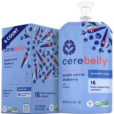 Cerebelly Baby Food Pouches Stage 1 - Purple Carrot Blueberry Smoothie (Pack of 6), Organic Fruit  Veggie Purees, Great Toddler Snacks, 16 Brain-supporting Nutrients from Superfoods, No Added Sugar