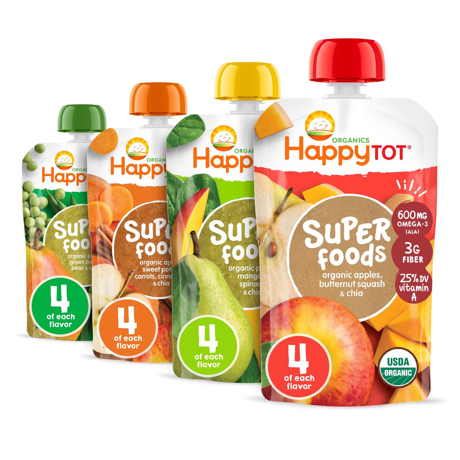Happy Tot Organics Stage 4 Baby Food Pouches, Gluten Free, Vegan Snack, SuperFoods Fruit  Veggie Puree  Chia Variety Pack, 4.22 Ounce (Pack of 16), Amazon Exclusive