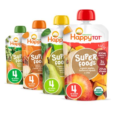 Happy Tot Organics Stage 4 Baby Food Pouches, Gluten Free, Vegan Snack, SuperFoods Fruit  Veggie Puree  Chia Variety Pack, 4.22 Ounce (Pack of 16), Amazon Exclusive