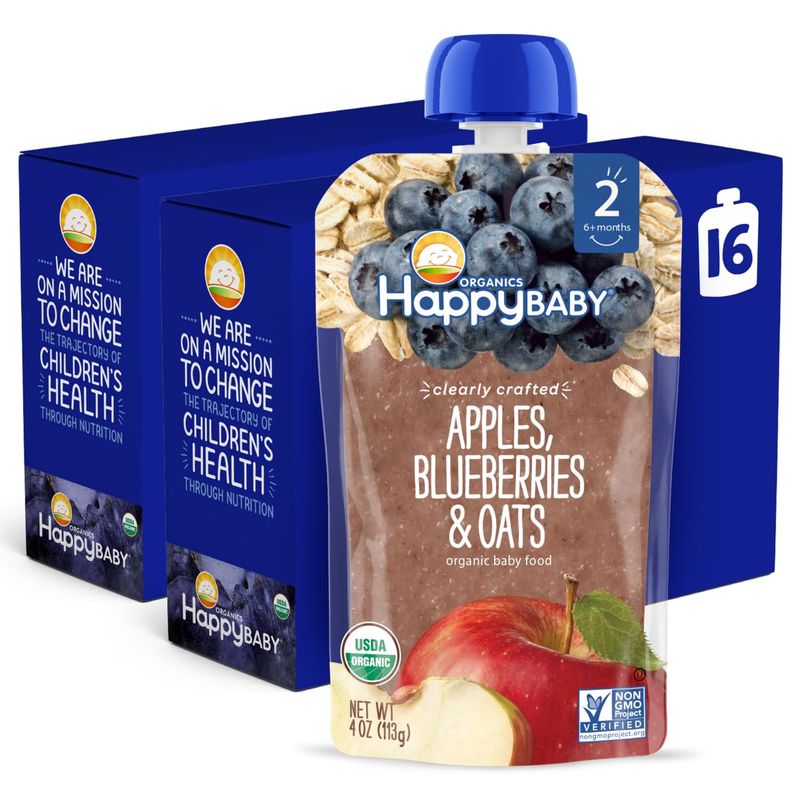 Happy Baby Organics Stage 2 Baby Food Pouches, Gluten Free, Vegan  Healthy Snack, Clearly Crafted Oat  Fruit Puree, Apples, Blueberries  Oats, 4 Ounces (Pack of 16)