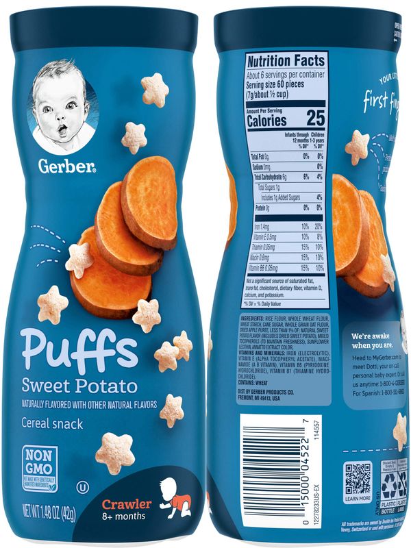 Gerber Graduates Apple Strawberry, Banana, Sweet Potato, Blueberry Puffs pack of 4 1.48oz