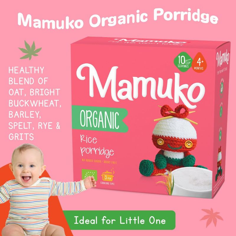 MAMUKO Organic Porridge - Rice Porridge with No Added Sugar, Milk  Preservatives - High Fiber Porridge Developed with EU Experts - Healthy Porridge Ideal for Little Ones from 4 Months - 12 Servings