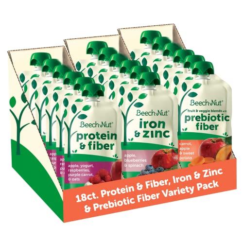 Beech-Nut Baby  Toddler Food Pouches Variety Pack, Protein  FiberIron  ZincPrebiotic Fiber Fruit  Veggie Purees, 3.5 Oz (18 Pack)