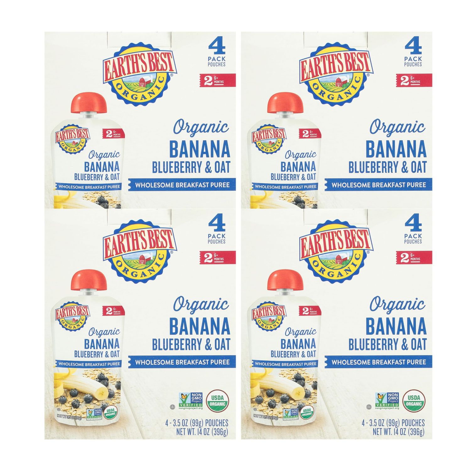 Earth's Best Organic Baby Food Pouches, Stage 2 Wholesome Breakfast Puree for Babies 6 Months and Older, Organic Banana Blueberry Flax and Oat Puree, 3.5 oz Resealable Pouch (Pack of 16)