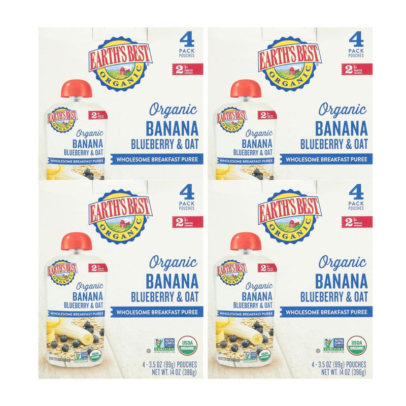 Earth's Best Organic Baby Food Pouches, Stage 2 Wholesome Breakfast Puree for Babies 6 Months and Older, Organic Banana Blueberry Flax and Oat Puree, 3.5 oz Resealable Pouch (Pack of 16)