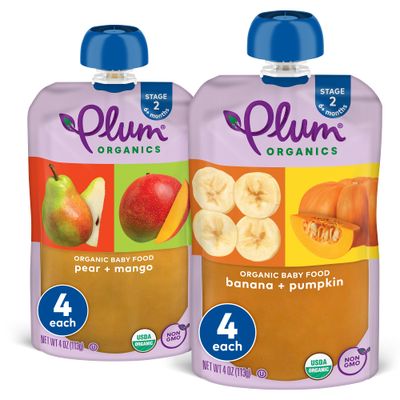 Plum Organics Stage 2 Organic Baby Food - Variety Pack - 4 oz Pouch (Pack of 8) - Fruit and Veggie Baby Food Pouch