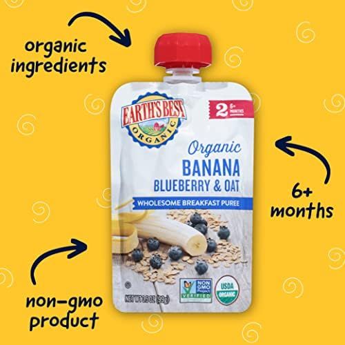 Earth's Best Organic Baby Food Pouches, Stage 2 Wholesome Breakfast Puree for Babies 6 Months and Older, Organic Banana Blueberry Flax and Oat Puree, 3.5 oz Resealable Pouch (Pack of 16)
