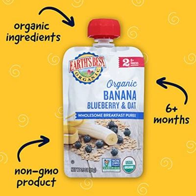 Earth's Best Organic Baby Food Pouches, Stage 2 Wholesome Breakfast Puree for Babies 6 Months and Older, Organic Banana Blueberry Flax and Oat Puree, 3.5 oz Resealable Pouch (Pack of 16)