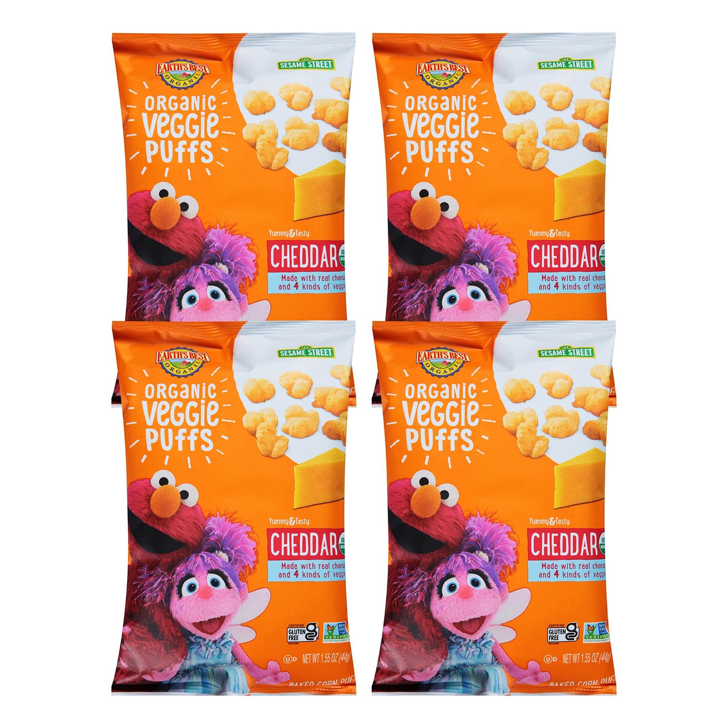 Earth&#39;s Best Organic Kids Snacks, Sesame Street Toddler Snacks, Organic Cheddar Veggie Puffs, Gluten Free Snacks for Kids 2 Years and Older, Cheddar, 1.55 oz Bag (Pack of 4)