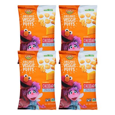 Earth&#39;s Best Organic Kids Snacks, Sesame Street Toddler Snacks, Organic Cheddar Veggie Puffs, Gluten Free Snacks for Kids 2 Years and Older, Cheddar, 1.55 oz Bag (Pack of 4)