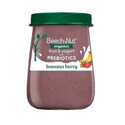 Beech-Nut Organic Fruit  Yogurt Baby Food Jars with Prebiotics, Organic Banana Berry  Yogurt Puree, Stage 2 Baby Food for Babies 6 Months and Up, Non-GMO, 4oz Glass Jars, 10ct