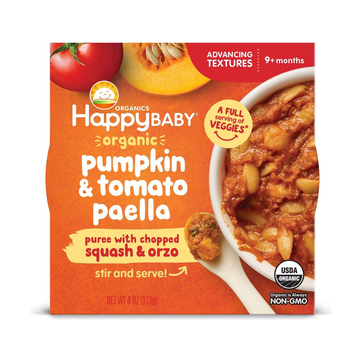 Happy Baby Organics Baby Food, Advancing Textures Bowl Pumpkin  Tomato Paella Puree with Chopped Squash  Orzo, 4 Ounce