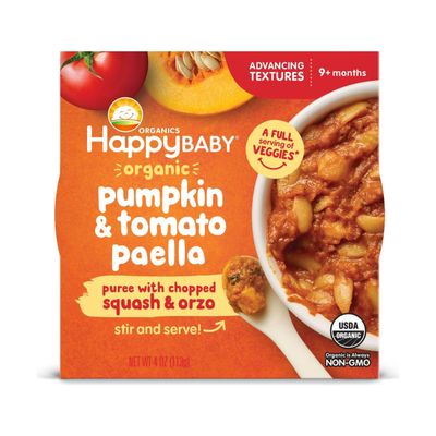 Happy Baby Organics Baby Food, Advancing Textures Bowl Pumpkin  Tomato Paella Puree with Chopped Squash  Orzo, 4 Ounce
