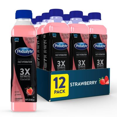 Pedialyte Electrolyte Solution, Strawberry, Hydration Drink, 12 bottles, half liter each