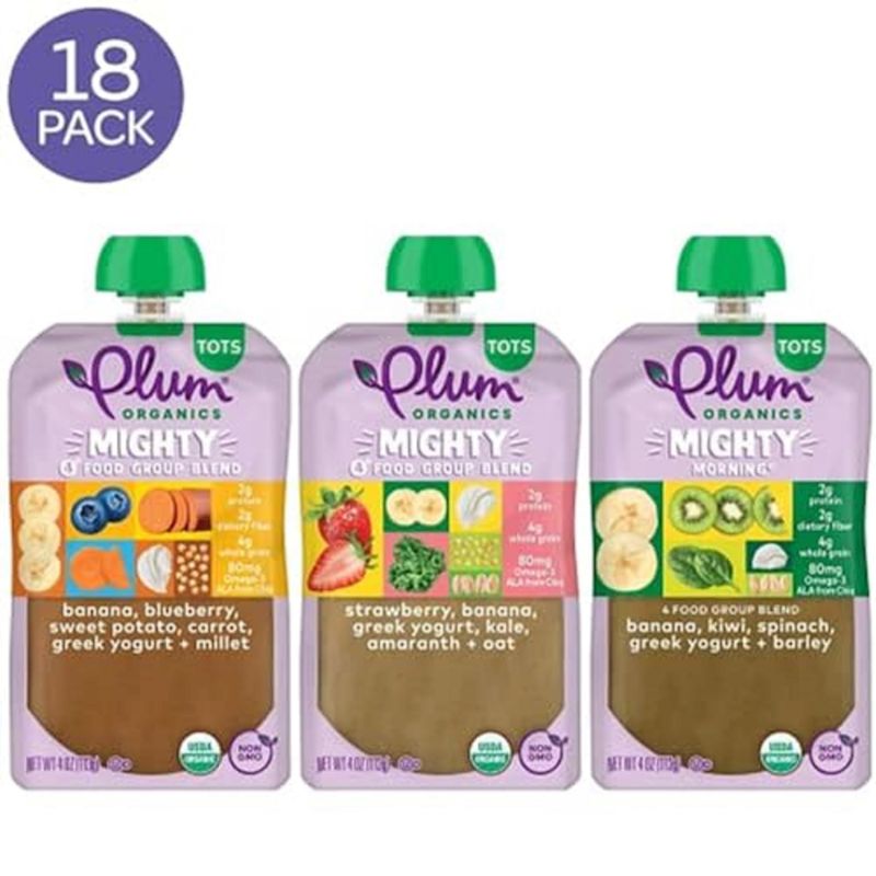 Plum Organics Mighty 4 and Mighty Morning Organic Toddler Food - 4 Food Group Blend Variety Pack - 4 oz Pouch (Pack of 18) - Organic Fruit and Vegetable Toddler Food Pouch (Amazon Exclusive)